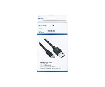 USB 3.1 кабел тип C - 3.0 A щепсел, 5Gbps, 3A зареждане, черен, 2,00 м, Dinic Box